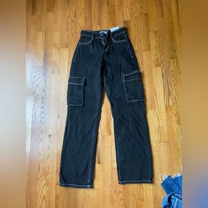 cute black cargo jeans with white stitches